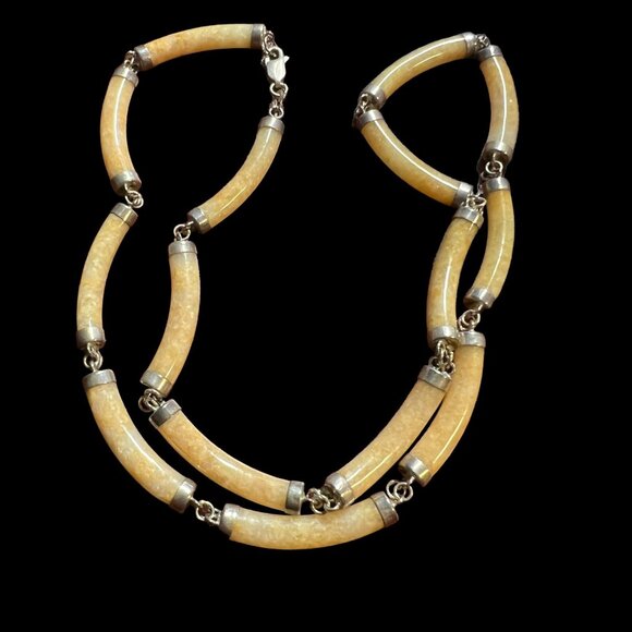 Jadeite and Sterling Station 925 Necklace Oriental Beige Vintage - Picture 1 of 8